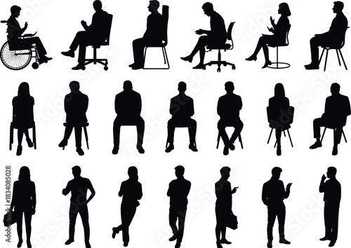 Large set of people silhouettes sitting and standing positions with disabled man in wheelchair for business vector illustration.