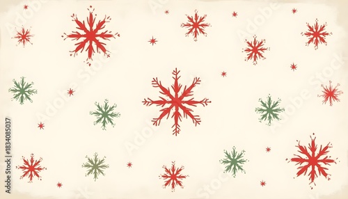 seamless Christmas pattern, red and green color palette, abstract snowflakes, geometric holiday shapes, modern flat style, clean and crisp, vector-style background, high resolution, professional stock