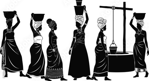 African Women at a Village Well Silhouette, Traditional Head Wraps and Clothing, Carrying Water on Heads, Black and White Vector Illustration for Culture and Daily Life Design
