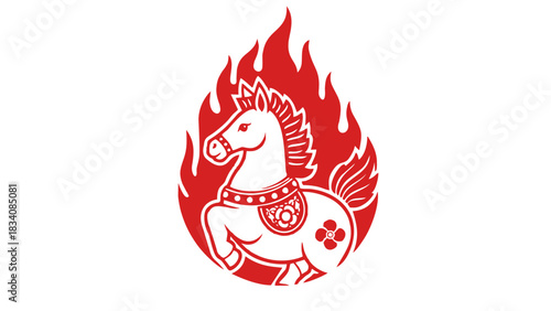 Flaming Horse Logo Design Red Equestrian Emblem on Fire White Background