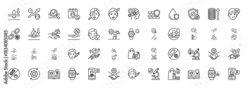 Cosmetology and dermatology line icon set. Vector pictograms of skincare, face treatment, beauty procedures, and health, thin linear illustration.
