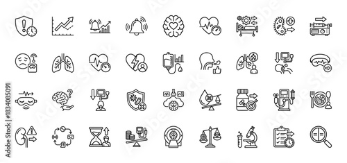 Medical and health thin line icon set. vector pictograms of heartbeat, brain, syringe, kidney, and lung problems, linear illustration.
