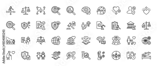 Ethics and corporate responsibility line icon set. vector pictograms of justice, security, care, and data analysis, thin linear illustration.