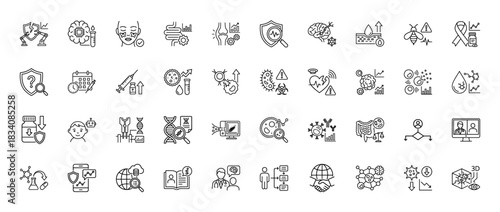 Medical and immunity thin line icon set. vector pictograms of dna, heart rate, syringe, brain, and shield, editable stroke illustration.