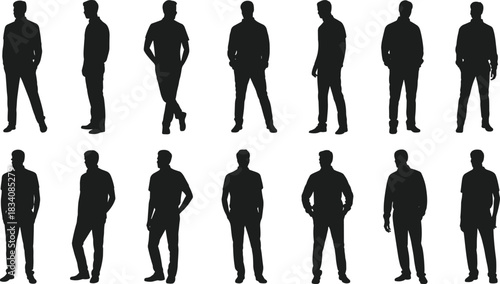 Set of fourteen black silhouettes of men standing in various poses, vector illustration isolated on white background, casual style.