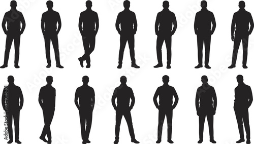 Set of fourteen black silhouettes of men standing in various poses, casual and business style, isolated on white background, vector.