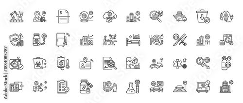 Supply chain, smart office, and healthcare line icon set. Vector pictograms of warehouse automation, medical diagnostics, finance, and data analysis, thin linear illustration.