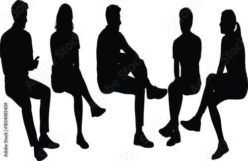Silhouette of five men and women sitting together in a row, casual group discussion or waiting room vector illustration.