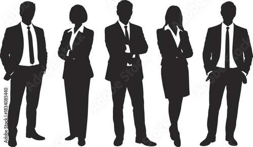 Silhouette of professional business people team standing together, men and women in suits isolated on white background vector illustration.