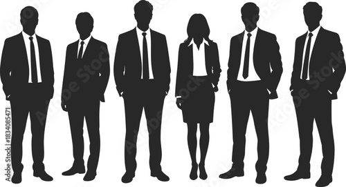 Silhouettes of business people standing in a row wearing suits, corporate professional team vector illustration isolated on white background