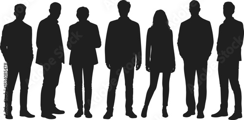 Silhouette of seven business people standing in a row, black professional group isolated on white background, corporate team vector.