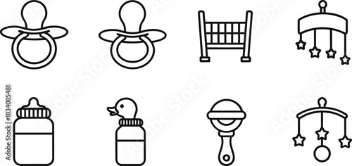 Collection of Baby Care Line Icons, Pacifier, Crib, Bottle, Rattle, and Mobile, Black Outline Vector Illustration Set for Newborn and Infant Design