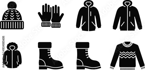Collection of Winter Apparel Icons, Beanie Hat, Gloves, Parka Jacket, Snow Boots, and Knitted Sweater, Black Silhouette Vector Set for Cold Weather