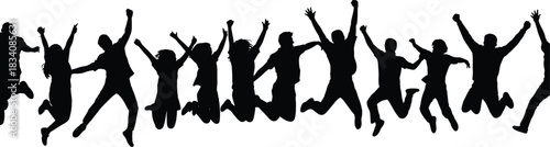 Silhouettes of joyful people jumping together in celebration, energetic group jump scene, happiness, freedom, teamwork, active lifestyle illustration design
