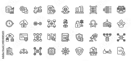 Data and technology line icon set. Vector pictograms of database, security, analysis, cloud, and digital processing, thin linear illustration.