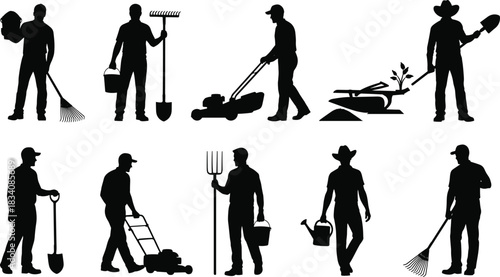 Gardener and Farm Worker Silhouettes Set, Man Mowing Lawn, Raking Leaves, Shoveling, and Planting, Black and White Vector Illustration of Manual Labor and Agriculture