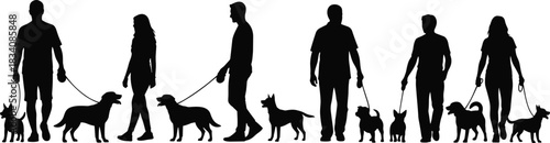 Group of People Walking Their Dogs on Leashes, Male and Female Pet Owners with Different Sized Canines, Black Silhouette Vector Illustration Set