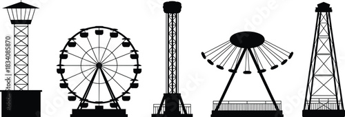 Amusement park ride silhouettes, swing ride, drop tower, Ferris wheel, carousel, roller coaster, vector icons, black graphic, entertainment structures