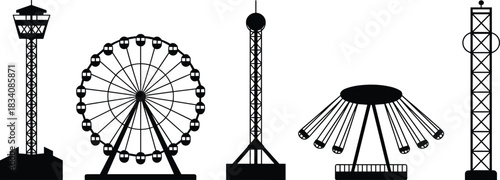 Amusement park ride silhouettes, Ferris wheel, observation tower, swing ride, drop tower, gyro drop, theme park icons, vector set, black graphic elements