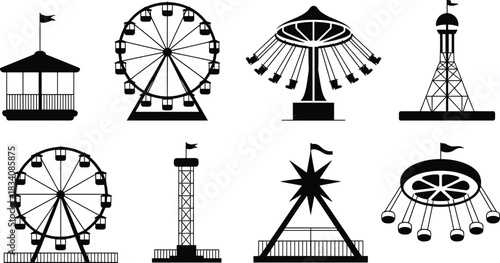 Amusement park ride silhouettes, Ferris wheel, swing ride, drop tower, gazebo icon, vector graphic set, black entertainment structures, theme park elements