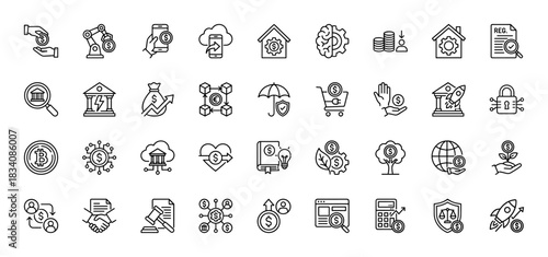 Fintech line icon set. Vector pictograms of cryptocurrency, banking, regulations, security, and investing, thin linear illustration.