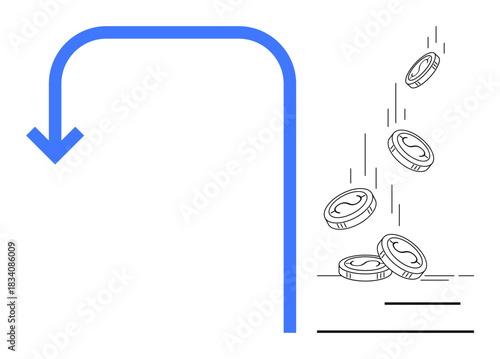 Financial loss, business decline, economic downturn, money flow, financial risk, currency. Blue arrow turning downwards and coins falling. Financial loss and business decline concept