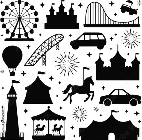 Amusement park silhouette icons, Ferris wheel, roller coaster, circus tent, carousel, fireworks, hot air balloon, castle, vector graphic set