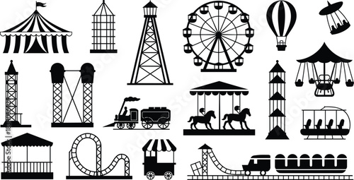 Amusement park silhouette set, circus tent, Ferris wheel, roller coaster, swing ride, hot air balloon, train, vector icons, black graphic