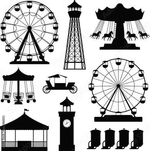 Amusement park silhouette icons, Ferris wheel, swing ride, roller coaster, clock tower, gazebo, carriage, bumper cars, vector graphic set