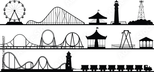 Amusement park silhouette set, Ferris wheel, roller coaster, carousel, swing ride, lighthouse, tower, train, vector icons, black graphic elements