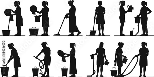 Professional Cleaning Service Female Workers Silhouettes, Woman Mopping, Vacuuming, and Washing with Tools, Black and White Vector Illustration for Household and Janitorial Tasks