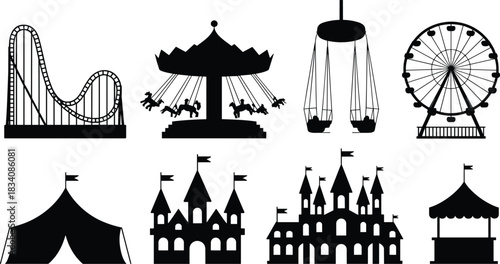 Amusement park silhouette set, roller coaster, carousel, Ferris wheel, circus tent, castle icon, swing ride, fairground vector, black graphic, entertainment elements