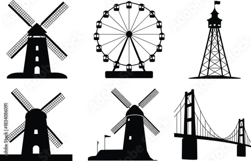Architectural and mechanical silhouette icons, windmill, Ferris wheel, observation tower, suspension bridge, vector graphic set, black engineering elements