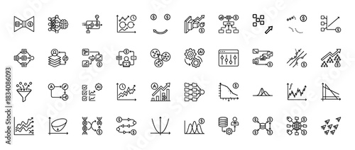 Business and finance line icon set. vector pictograms of data analysis, investment, ai, and optimization, thin linear illustration.