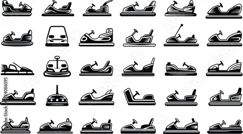 Bumper car silhouette set, amusement park ride icons, vintage vehicle designs, fairground entertainment elements, vector graphic collection, black illustrations