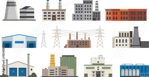 Industrial facility icon set, black silhouette illustrations of factories, power plants, warehouses, cooling towers, vector infrastructure design elements