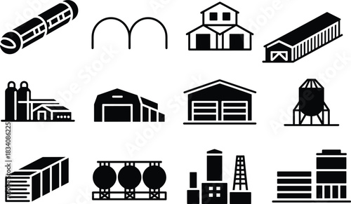Industrial infrastructure icon set, black silhouette illustrations of factories, silos, warehouses, transportation and agricultural structures, vector design elements