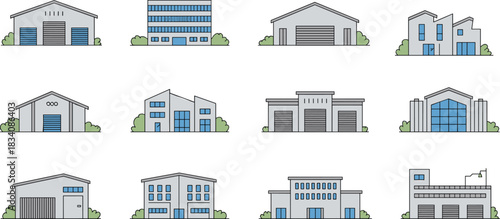 Modern building icon set, architectural illustrations of warehouses, offices, institutional structures, landscaped elements, flat vector design collection