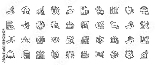 Finance and legal business line icon set. Vector pictograms of patent, security, money, and defense concepts, thin linear illustration.