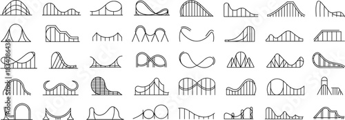 Roller coaster track silhouette set, amusement park ride icons, loop and drop designs, vector graphic collection, black engineering illustrations