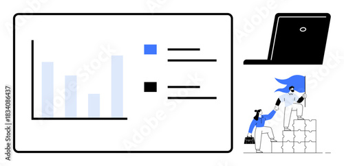Business analysis, teamwork, productivity, growth strategy, leadership, technology. Bar graph and team figures climbing blocks with a laptop. Business analysis and teamwork concept