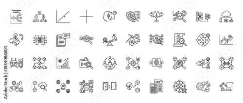 Business and technology line icon set. vector pictograms of analytics, blockchain, cryptography, and artificial intelligence, thin linear illustration.