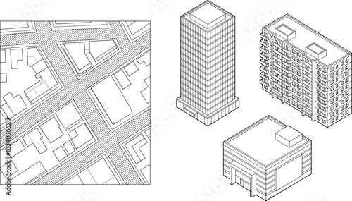 Urban architecture vector set, city block layout, isometric building illustrations, commercial tower, apartment, retail structure, black line drawings