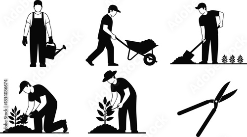 Set of Gardeners and Farmers Working, Watering Plants, Planting Seedlings, Digging with Shovel, Black Silhouette Vector Illustration Collection, Horticulture Design