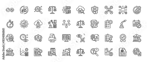Business and finance line icon set. Vector pictograms of financial analysis, data management, and legal compliance, thin linear illustration.