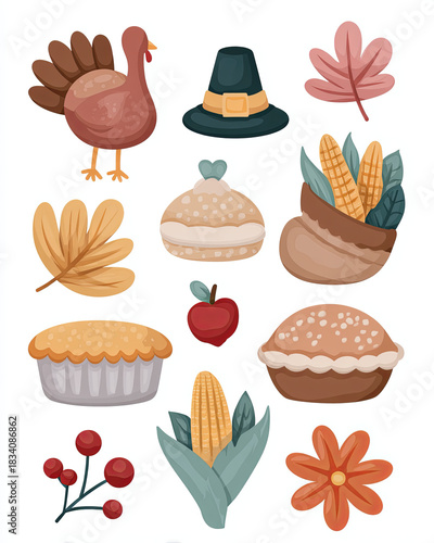 Thanksgiving Essentials: A festive illustration of Thanksgiving elements, including a turkey, a pilgrim hat, leaves, corns, pies, and an apple, evoking the spirit of autumn harvest.
