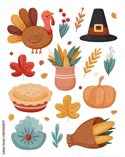Thanksgiving Feast and Festive Decorations: A vibrant Thanksgiving scene unfolds with iconic symbols of the holiday. Including a plump turkey, cornucopia overflowing with harvest bounty.