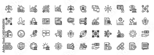 Financial technology line icon set. Vector pictograms of central bank, cryptocurrency, analysis, audit, and investment, thin linear illustration.