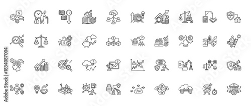 Business and finance line icon set. Vector pictograms of money, growth, security, and analysis, thin linear illustration.