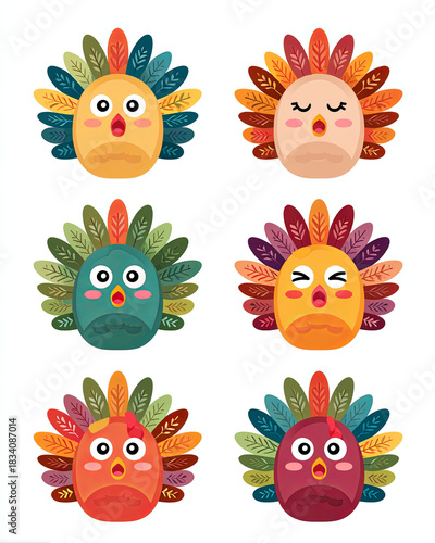 Thanksgiving Turkey Cartoon: A collection of adorable turkey cartoons, each radiating unique expressions and adorned with colorful plumage, embodying the spirit of Thanksgiving.